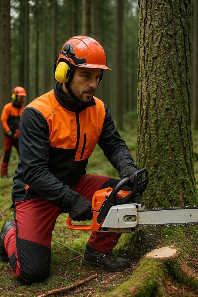 Profesional talando árbol con protección de seguridad anticorte