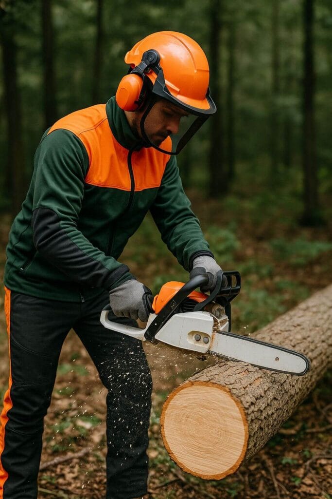 Arborista equipado con ropa anticorte trabajando con motosierra