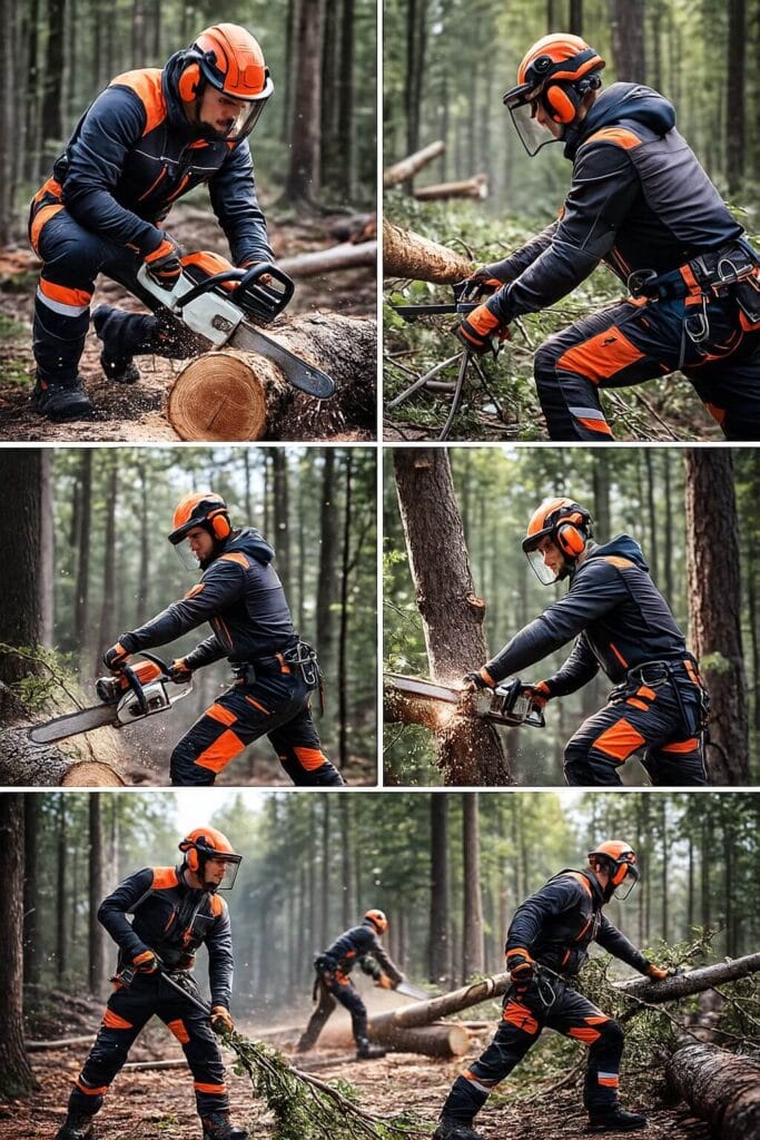 Equipo de arboristas despejando un área forestal con ropa y protección anticorte.